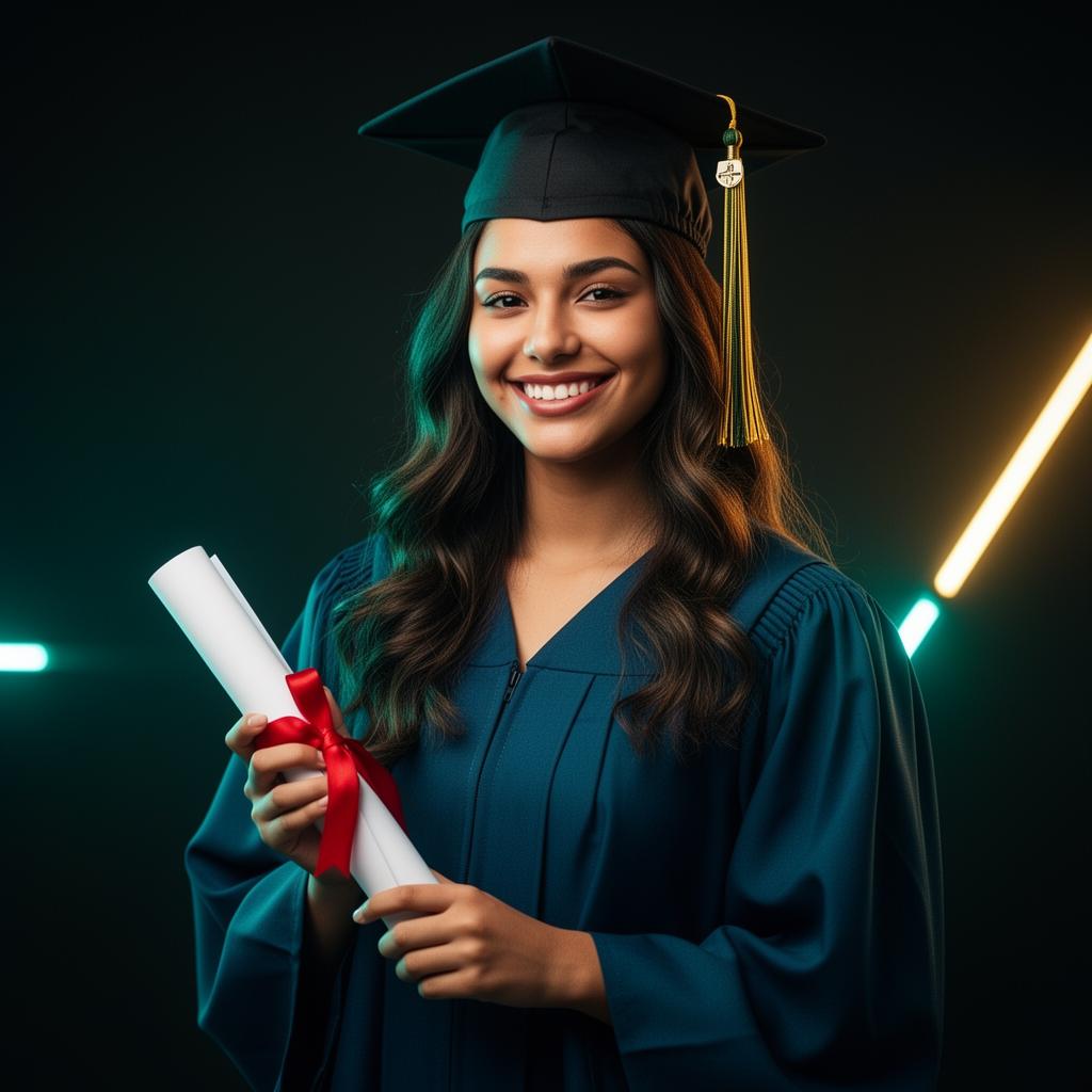 Aluna formada com beca e diploma
